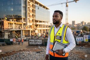 A South African property developer reviewing blueprints at a commercial construction site, illustrating bridging finance for property transactions.