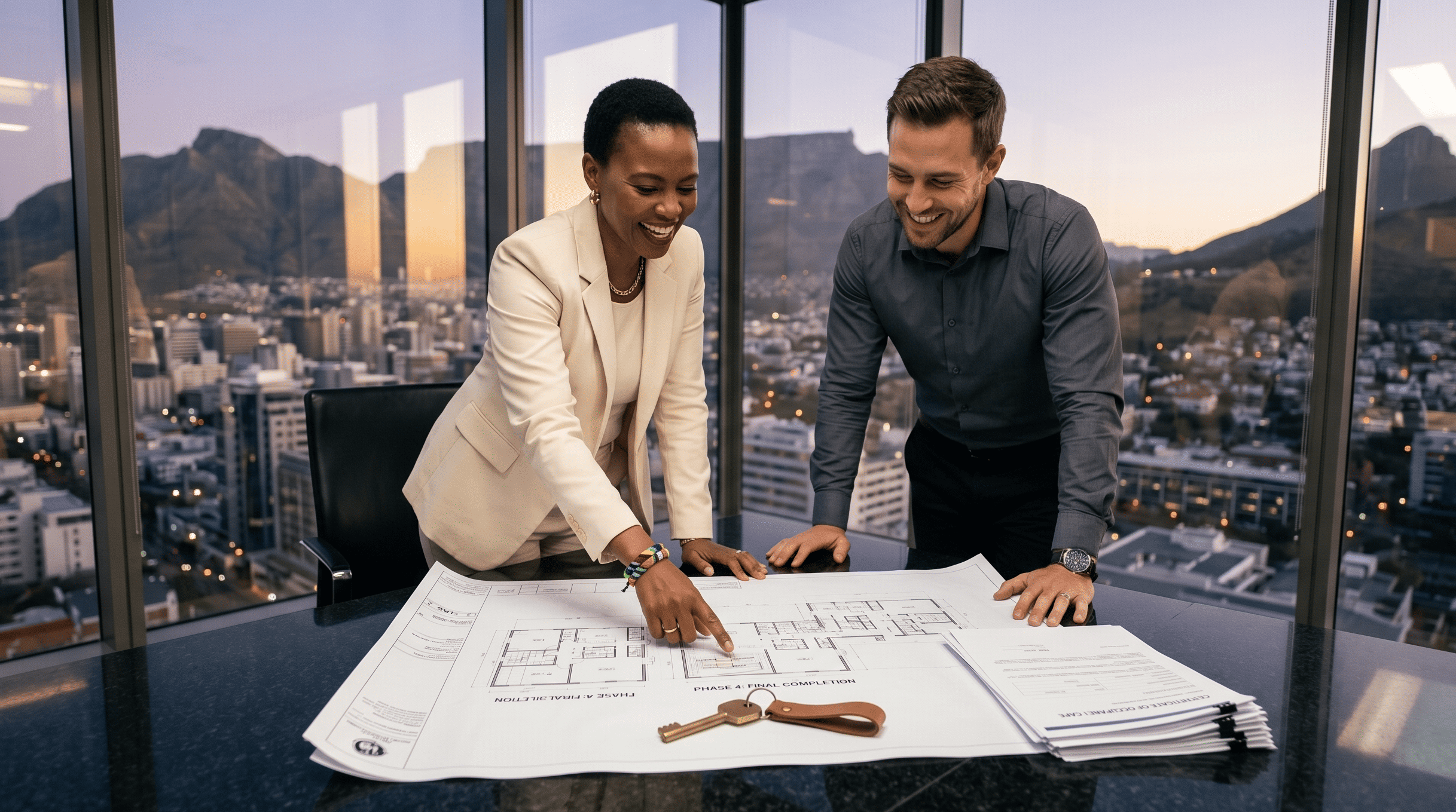 Business partners finalizing a bridging loan with bad credit using real estate as security in South Africa.