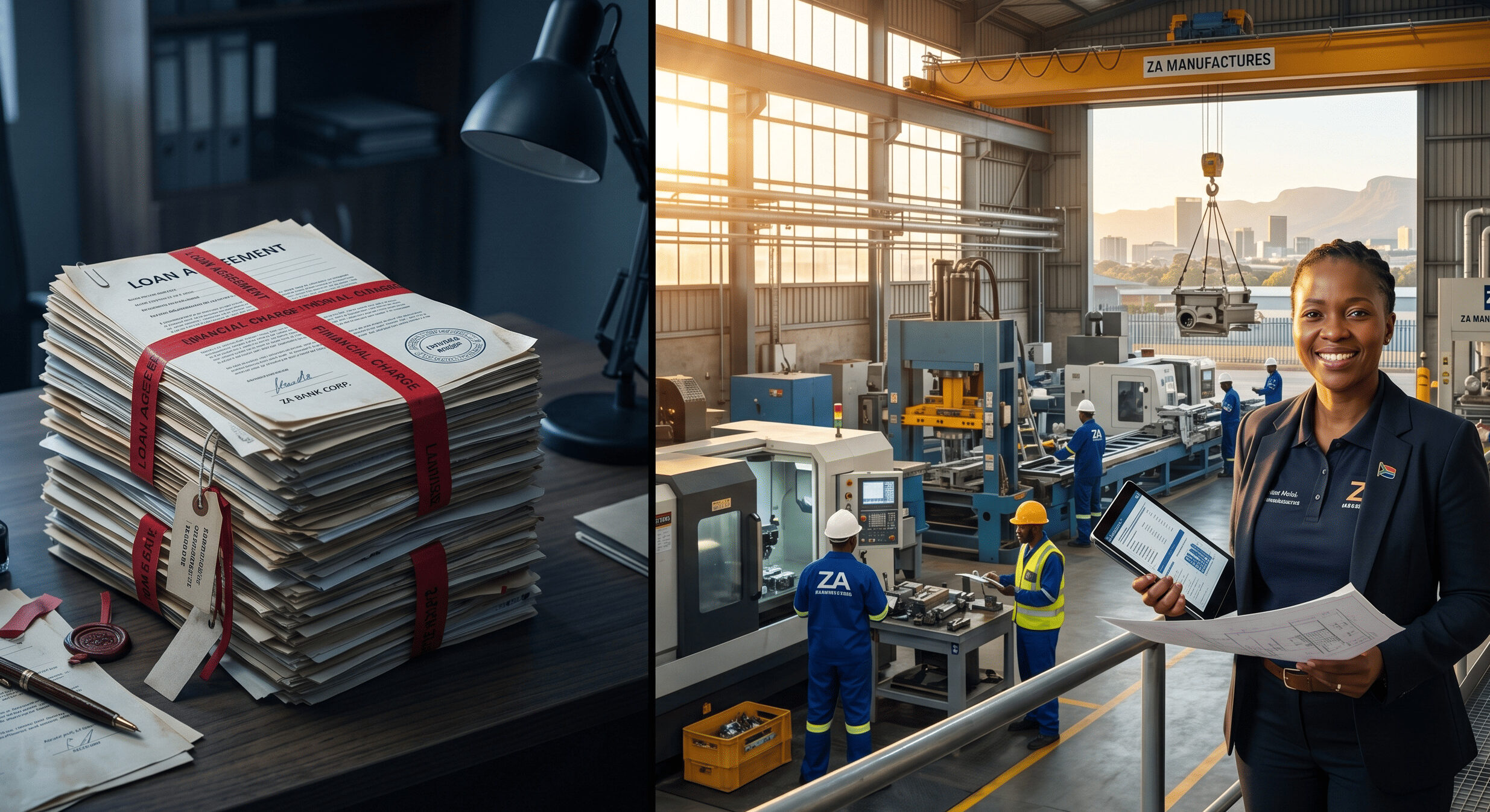 A confident entrepreneur standing in a modern industrial facility, representing the growth potential of asset-backed lending for South African SMEs compared to restrictive bank overdrafts.