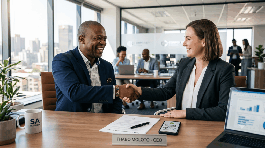 Relieved business owner shaking hands with a financial consultant after successfully securing the fast capital needed to fund new projects.
