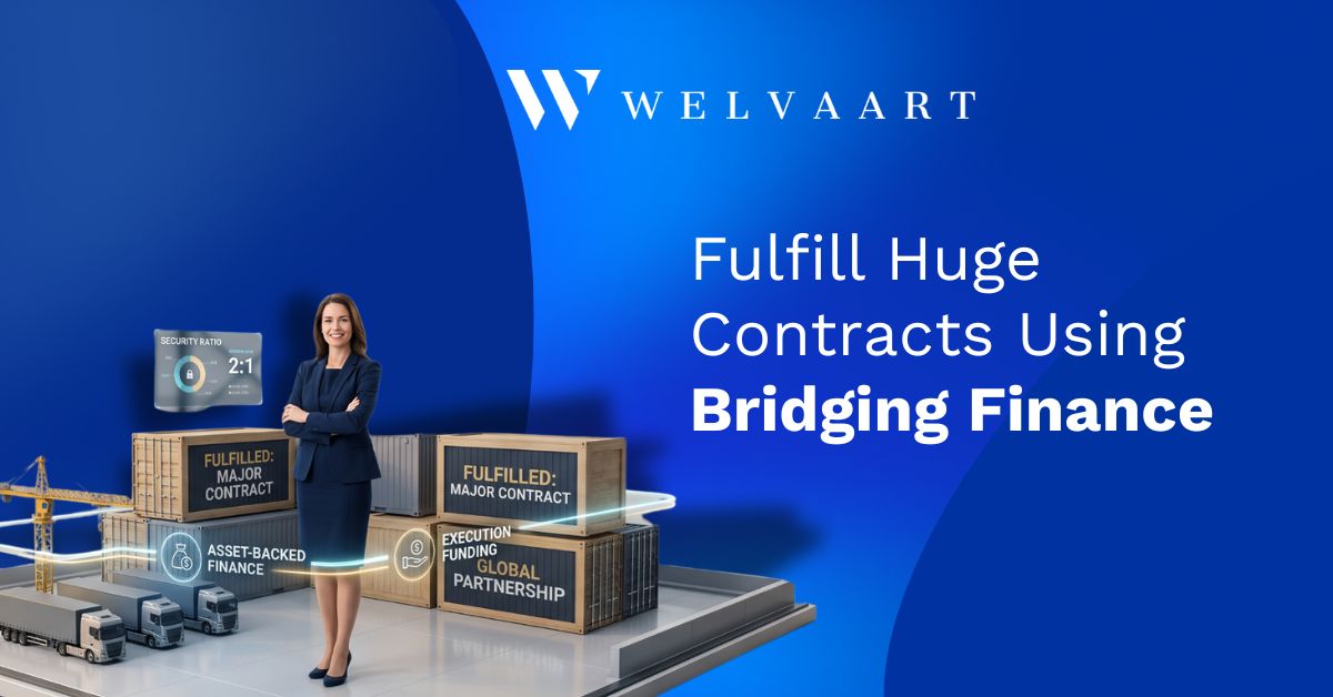 A confident businesswoman stands on a platform with shipping crates and heavy machinery, representing how fast bridging finance secures the capital to fulfill massive contracts.